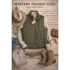 Serra Women Cactus Green Quilted Vest‎ Western Prairie Luxe Full Zip Pockets L
